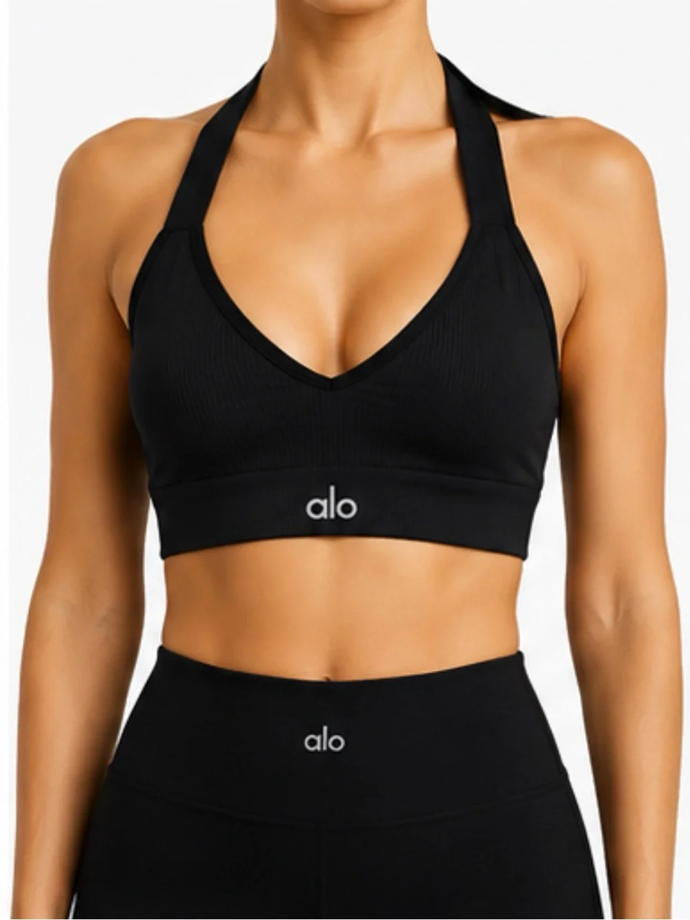 ALO Yoga Ribbed Halter Sports Bra - Black